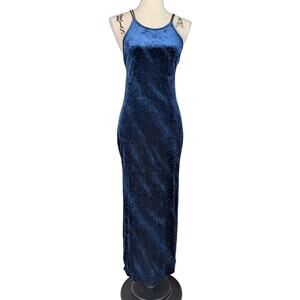 Vintage Y2K L.A. Glo Blue Velvet Maxi Dress – Open Back Tie, Glitter Dot